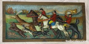 Arte: Cuadro Mural Plafón relieve madera tallada policromada Motivo Caza Caza Mayor con perros y caballos